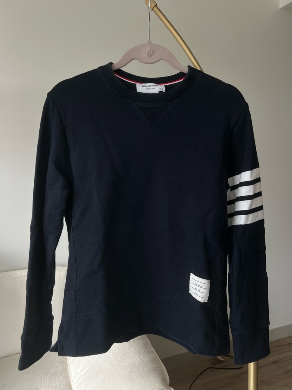 Thom Browne Navy Crewneck Sweatshirt with White Arm Stripes